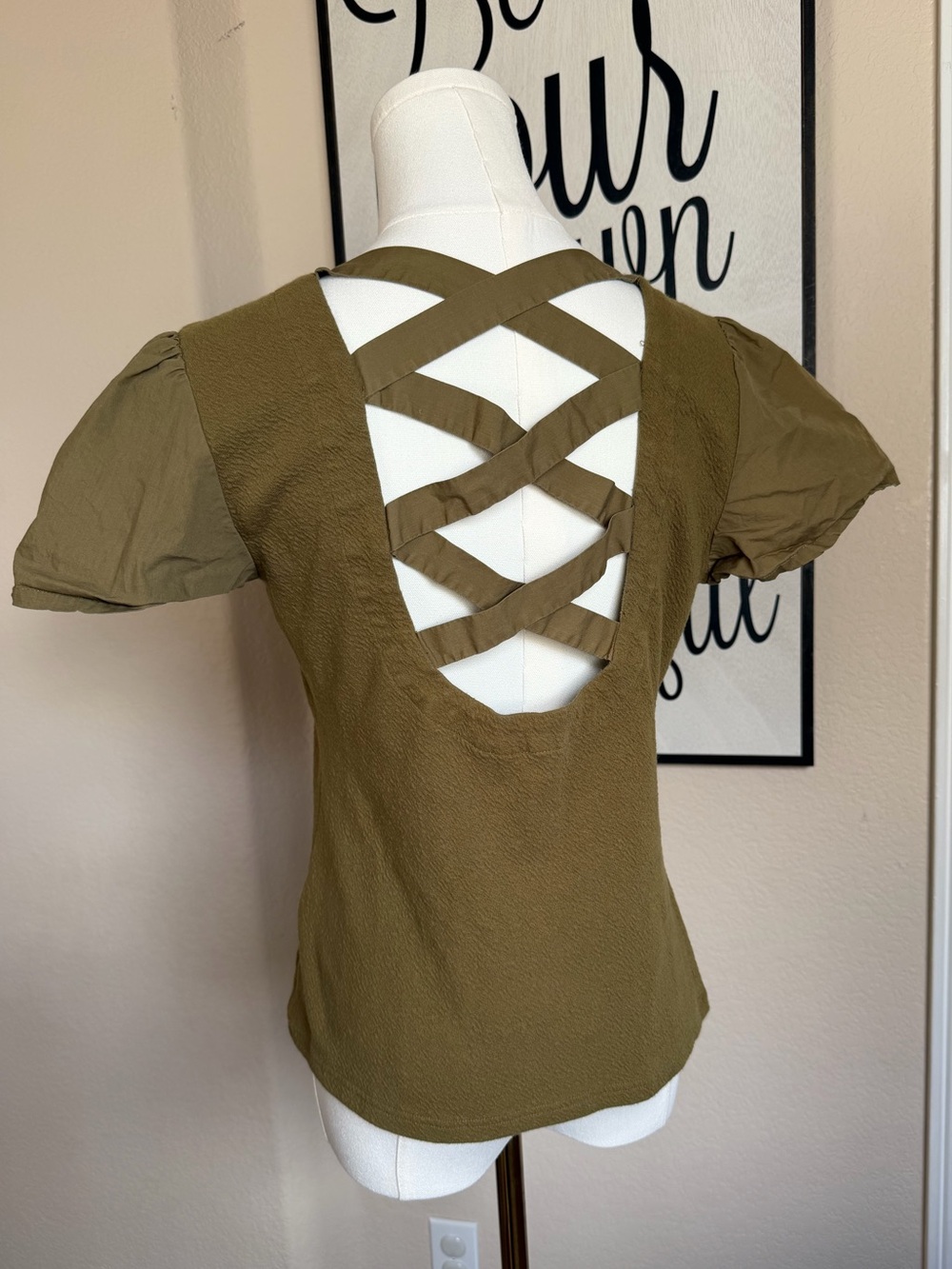 Anthropologie Olive Green Puff Sleeve Crisscross Back Top